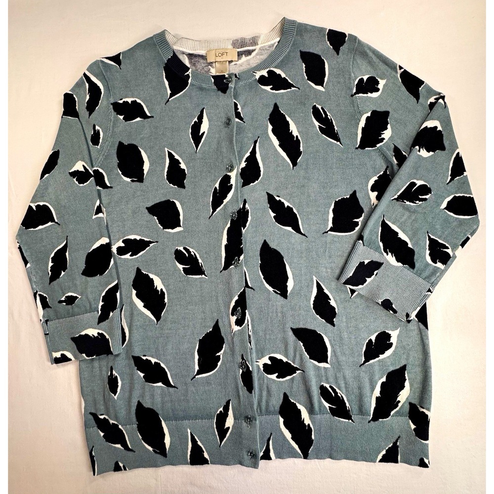 LOFT Women's XL Cotton Knit Cardigan Sweater Crew Neck Long Sleeve Leaf Print